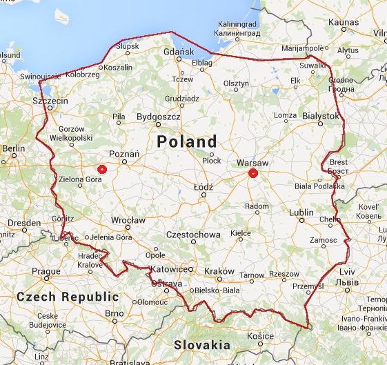 Map of Poland with marked borders and approximate location